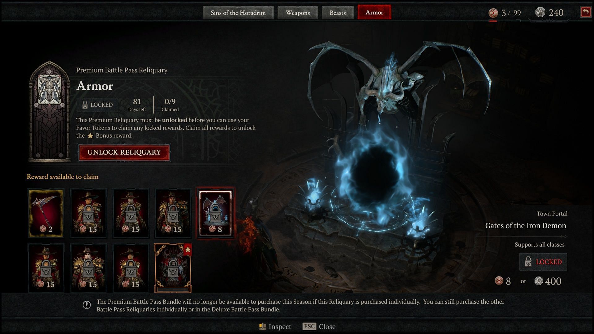 Oh boy! After spending 800 Platinum to unlock this tier, I can also spend 450 for a Town Portal, or 750 Platinum over and over to get the same skin for every class! (Image via Blizzard Entertainment)